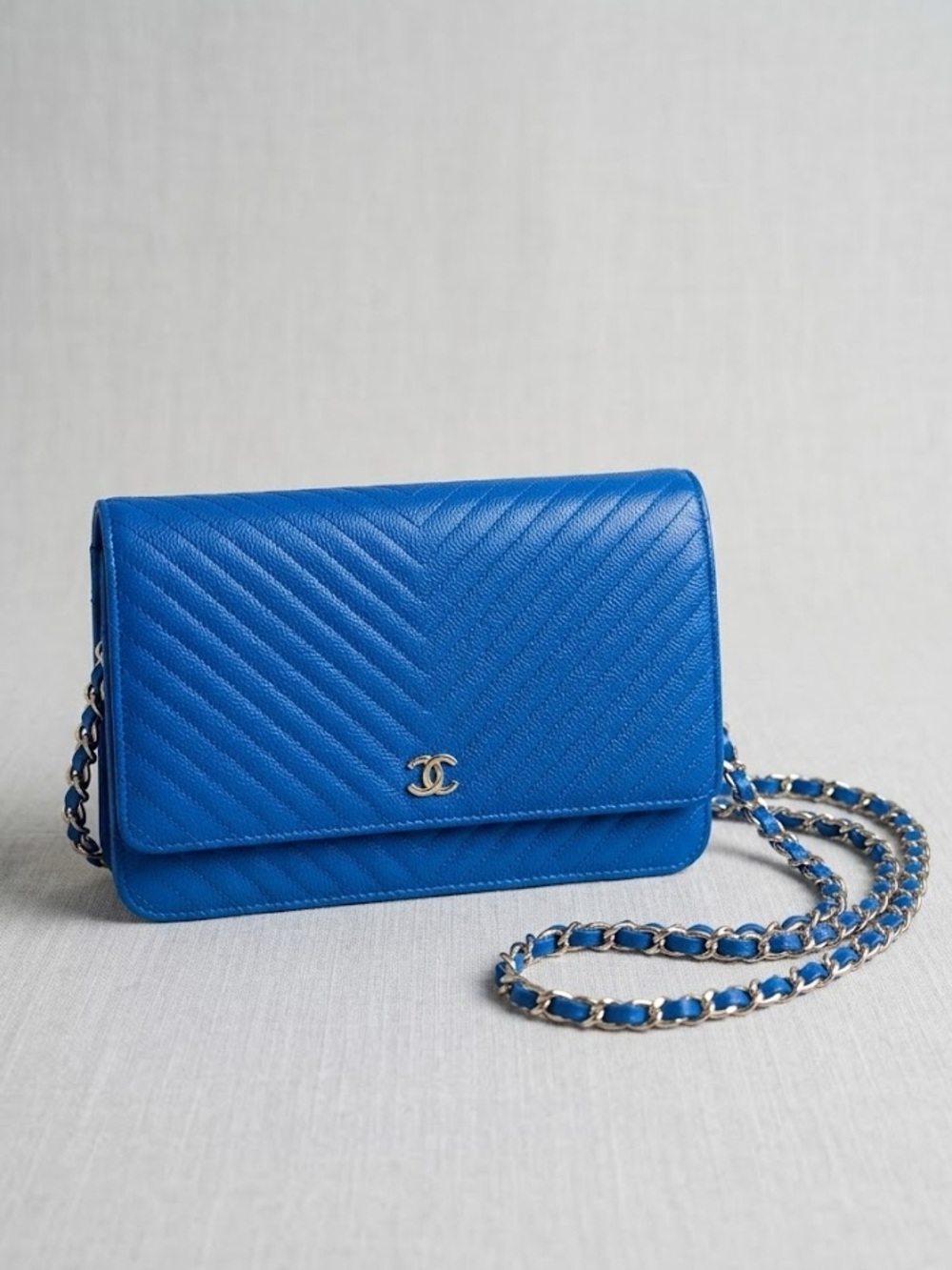 CHANEL Caviar Blue Chevron Quilted Wallet-On-Chain Crossbody with Box and COA